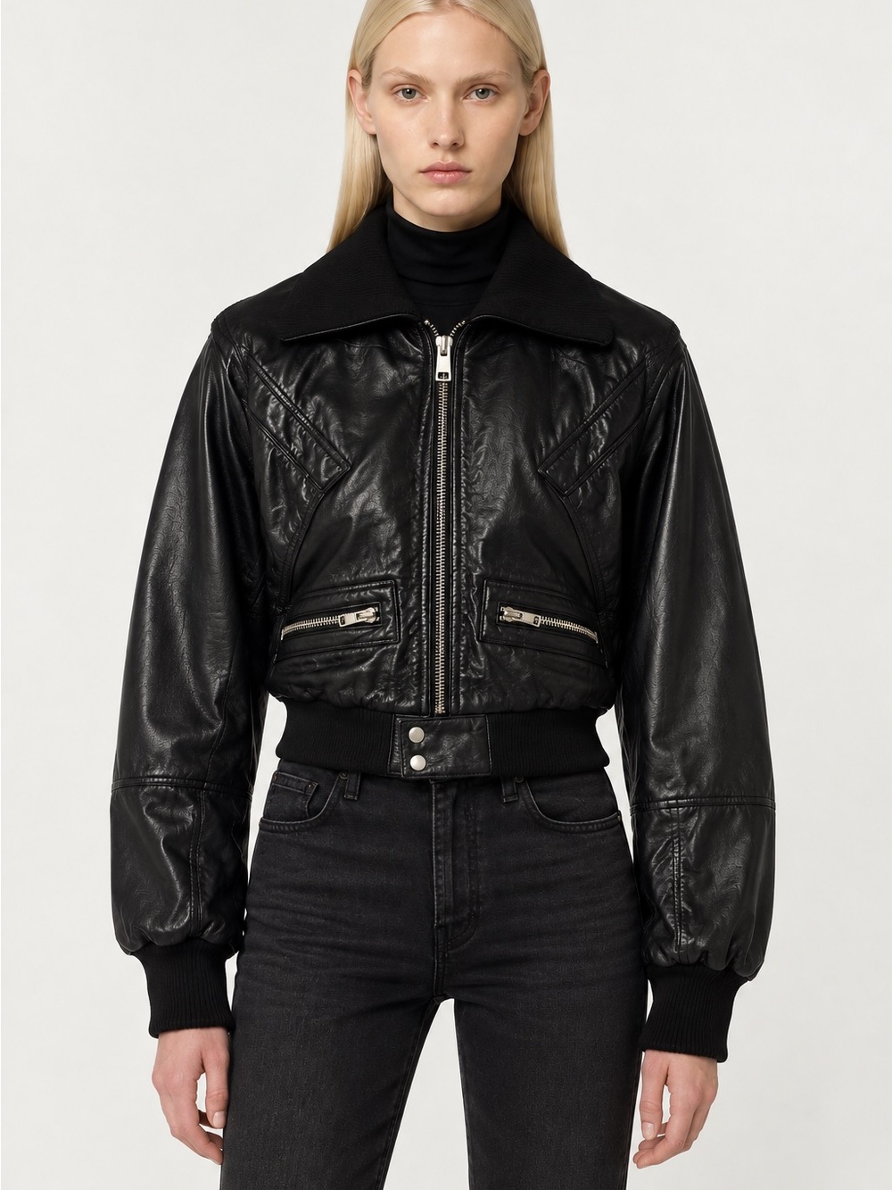 Ashley by 26 Black Faux Leather Faux Fur Lined Bomber Jacket L